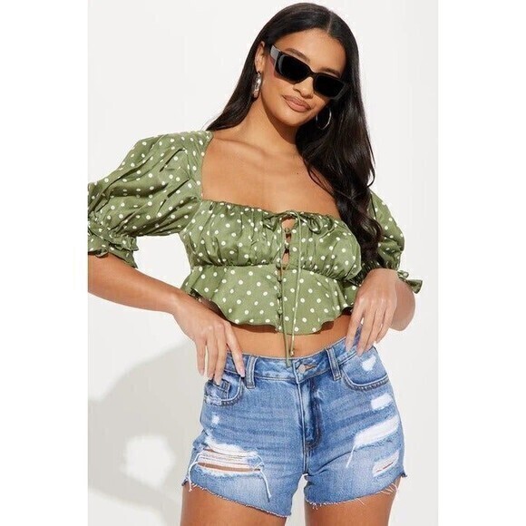 Sage Polka Dots Cropped Smocked Back Blouse Top Size M RefM010 - Picture 2 of 6